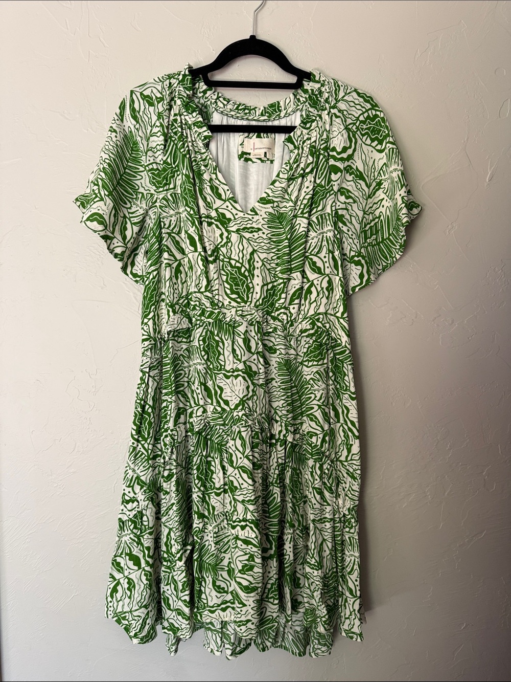Anthropologie White and Green Leaf-Print V-Neck Tiered Midi Dress
